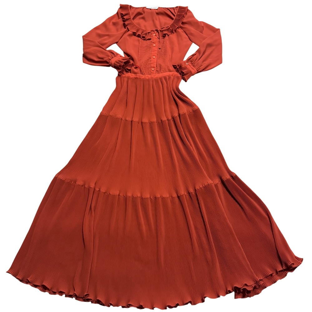 Vintage Richard Assatly Burnt Orange 1970s Blouse & Pleated Maxi Skirt Set
